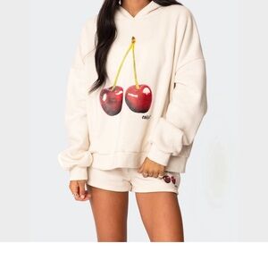 Edikted Cream Hoodie and Shorts Set with Cherry Print